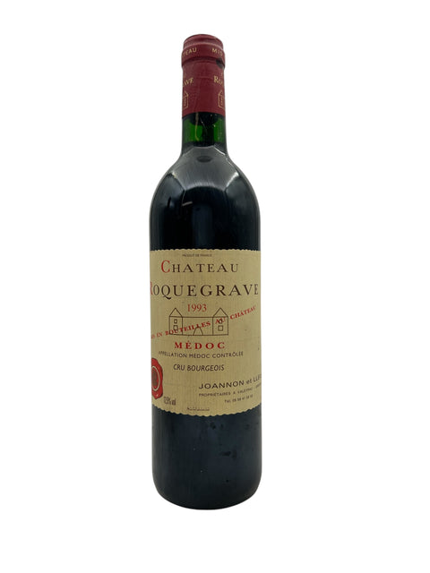 Flaska med rött vin från Chateau Roquegrave från 1993, regionen Médoc
