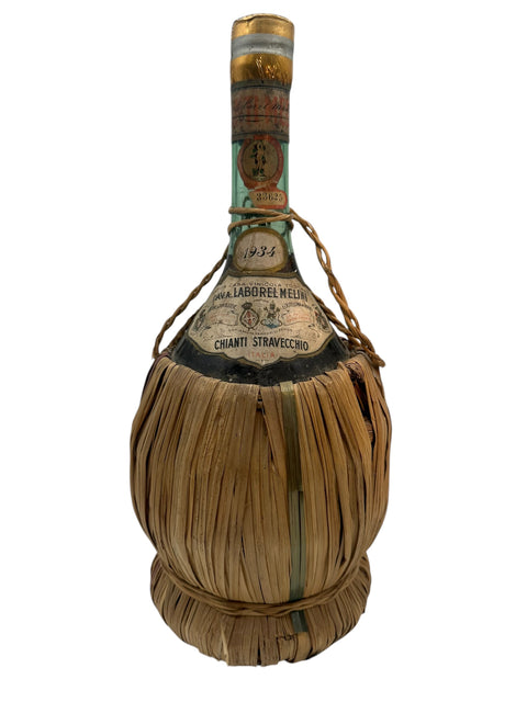 Vintage Chianti Stravecchio flaskfot bunden i halm från Melini 1934